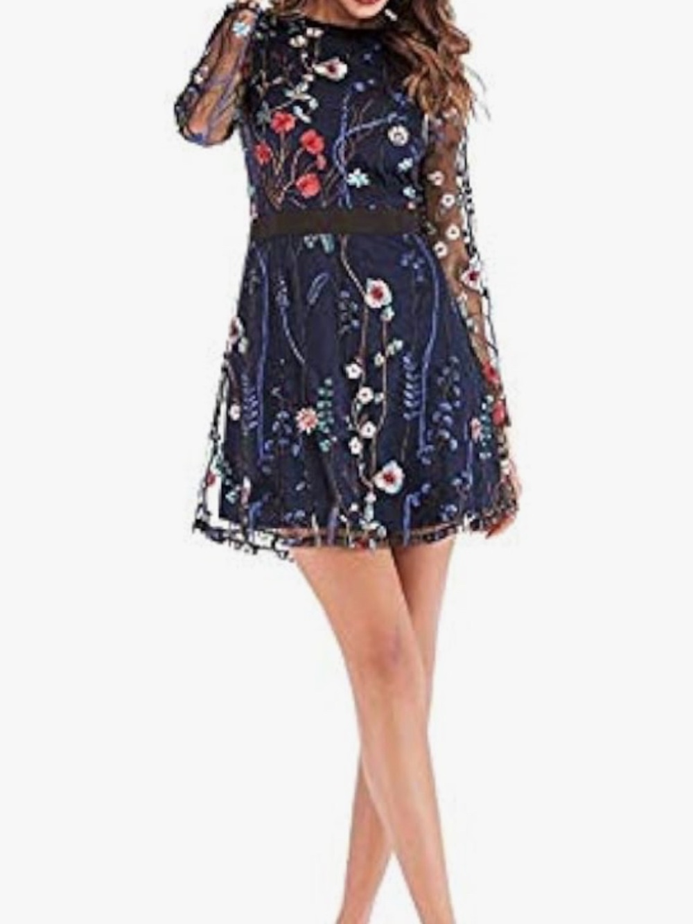 Embroidered Navy Floral Long-Sleeve Mesh Dress